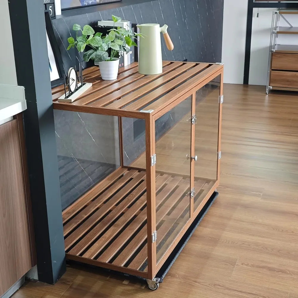 Clear Dog Crate Furniture: 35” Decorative Transparent Dog House Kennel Made by Tempered Glass and Strong Aluminum Frame