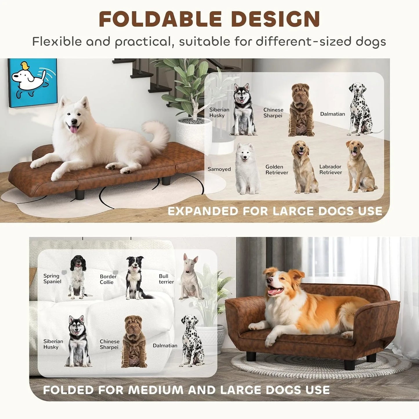 Pet Sofa Dog Bed Couch, Foldable Cat Lounger PU Lear Cover for Medium & Large Sized Animals, 39" x 21.75" x 17.75", Ex