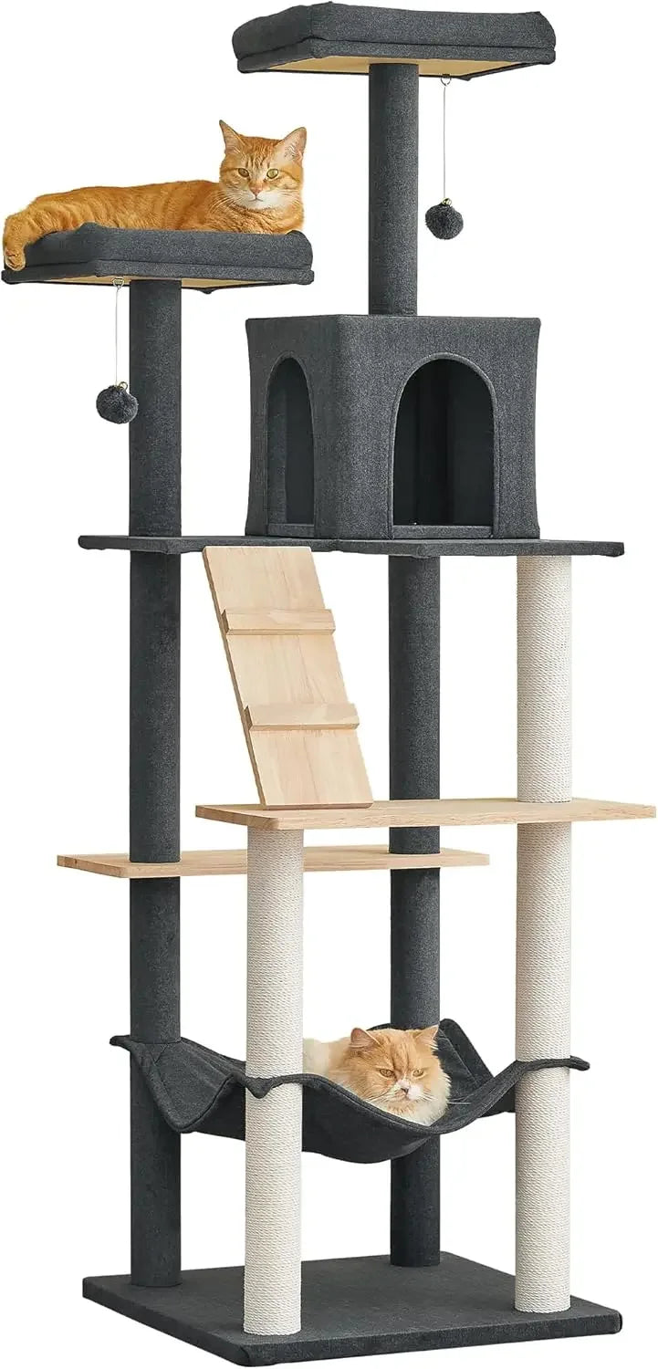 Large Modern Cat Tree, 70.1-Inch Wood Cat Tower for Indoor Cats, Multi-Level Kitty Condo with 2 Plush Perches, Hammock & Scratch