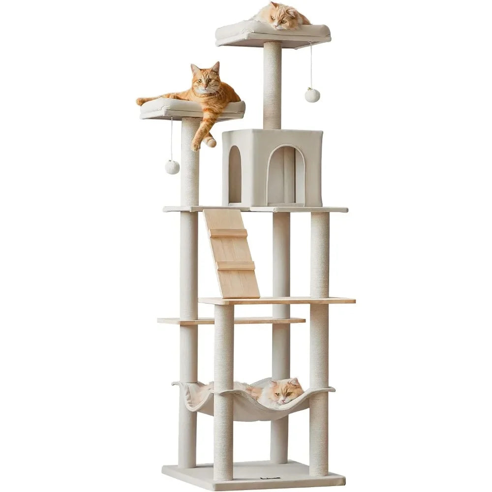 Large Modern Cat Tree, 70.1-Inch Wood Cat Tower for Indoor Cats, Multi-Level Kitty Condo with 2 Plush Perches, Hammock & Scratch