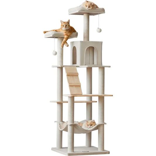 Large Modern Cat Tree, 70.1-Inch Wood Cat Tower for Indoor Cats, Multi-Level Kitty Condo with 2 Plush Perches, Hammock & Scratch