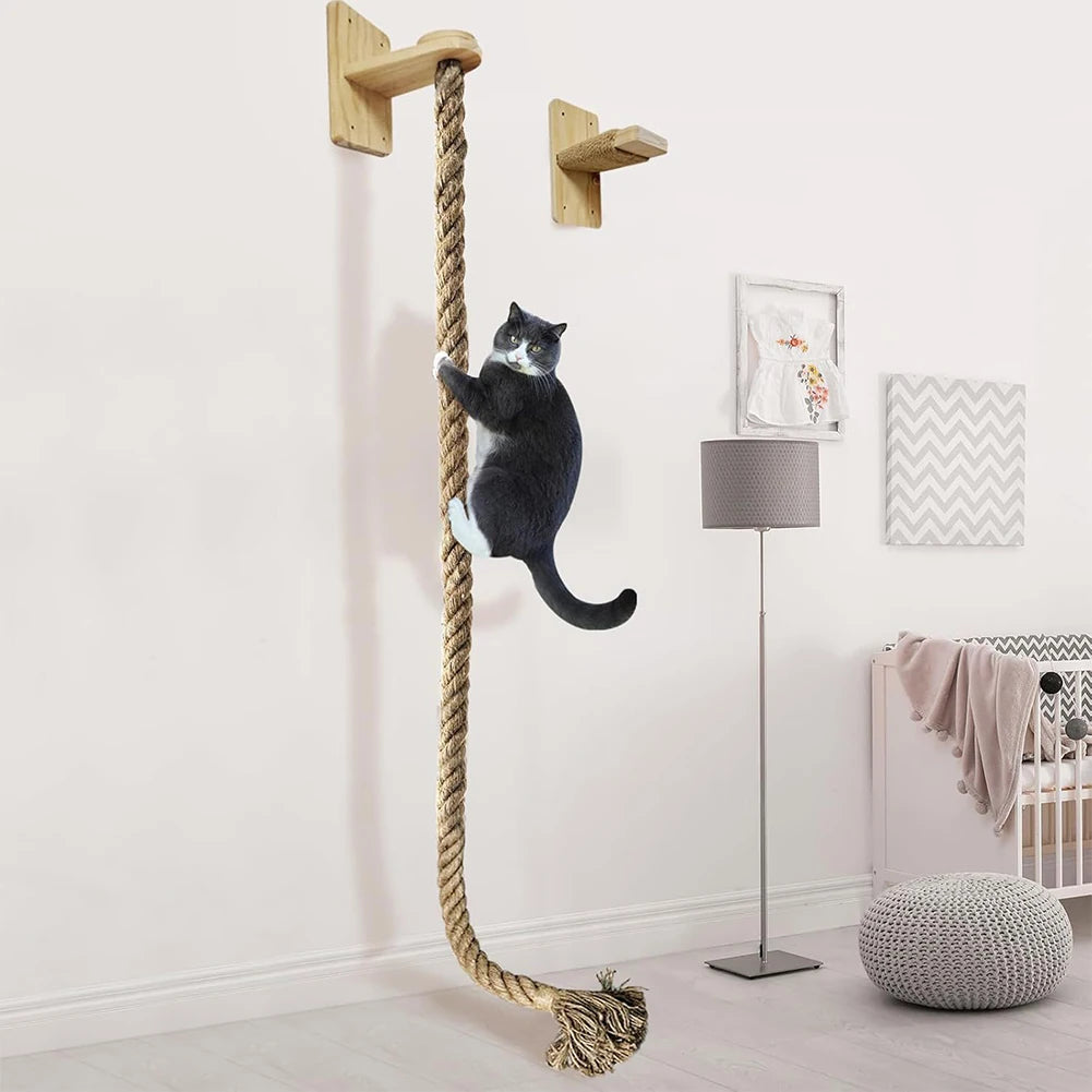 Cat Climbing Rope with Wood Platform Climbing Training Rope Wall Mounted Rope for Cat Furniture Scratcher Play Equipment