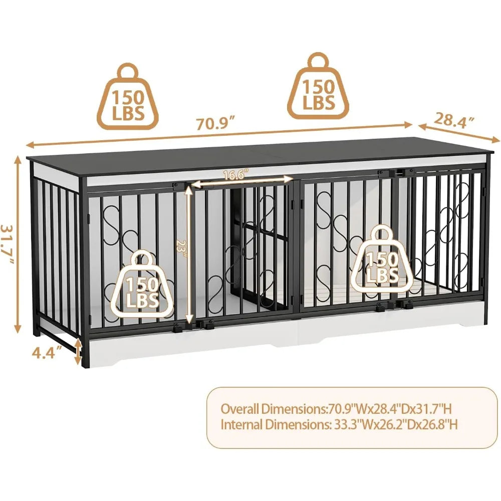 71 Inch Double Dog Crate Furniture Large Breed for 2 Dogs, Decorative Wooden Dog Crates Indoor Dog Kennel TV Stand for Medium Do