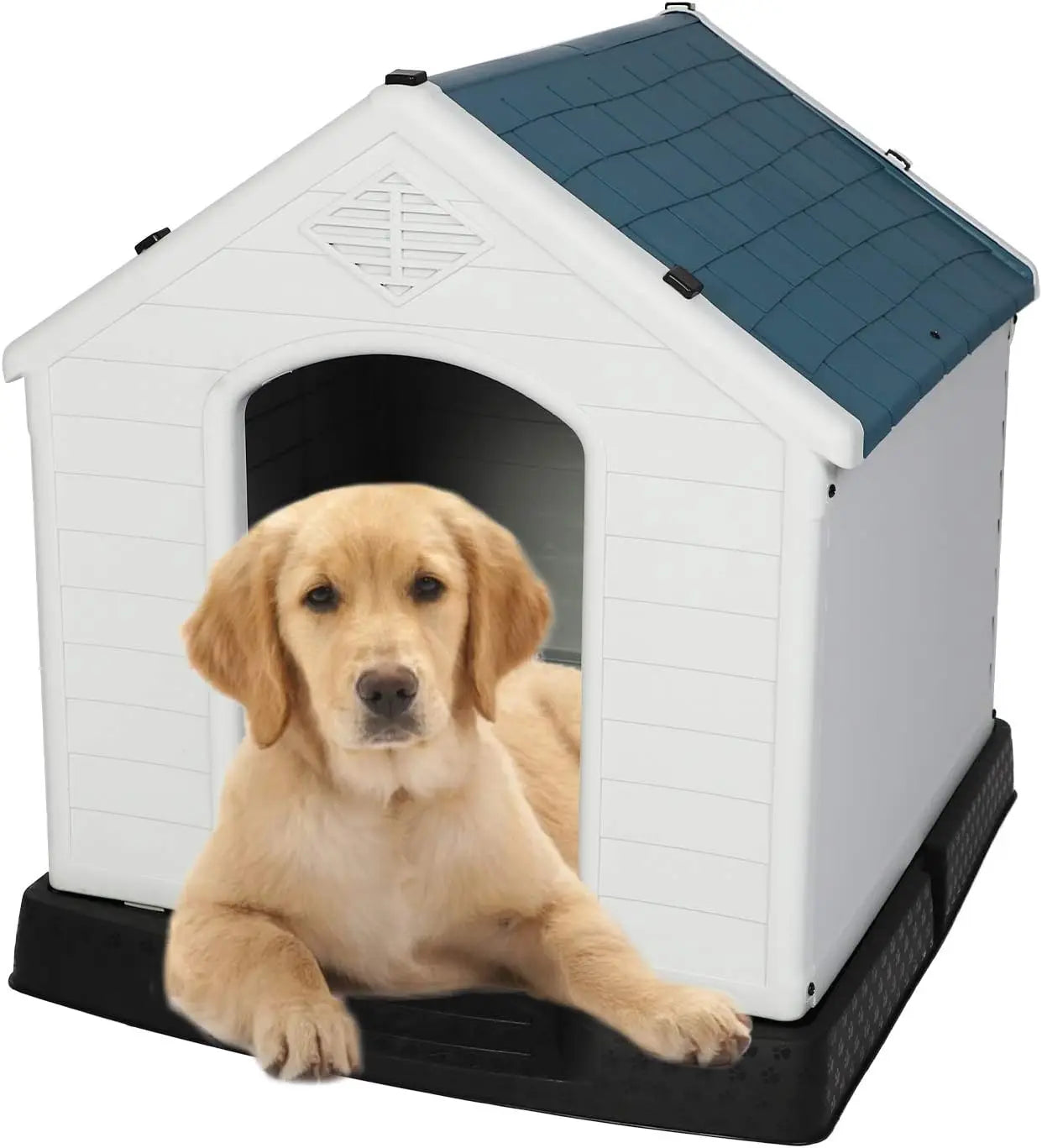 Plastic Outdoor Dog House for Pet Weatherproof Kennel Small to Large Size,Blue & White (L-35.5" L x 37.5" W x 39”H)