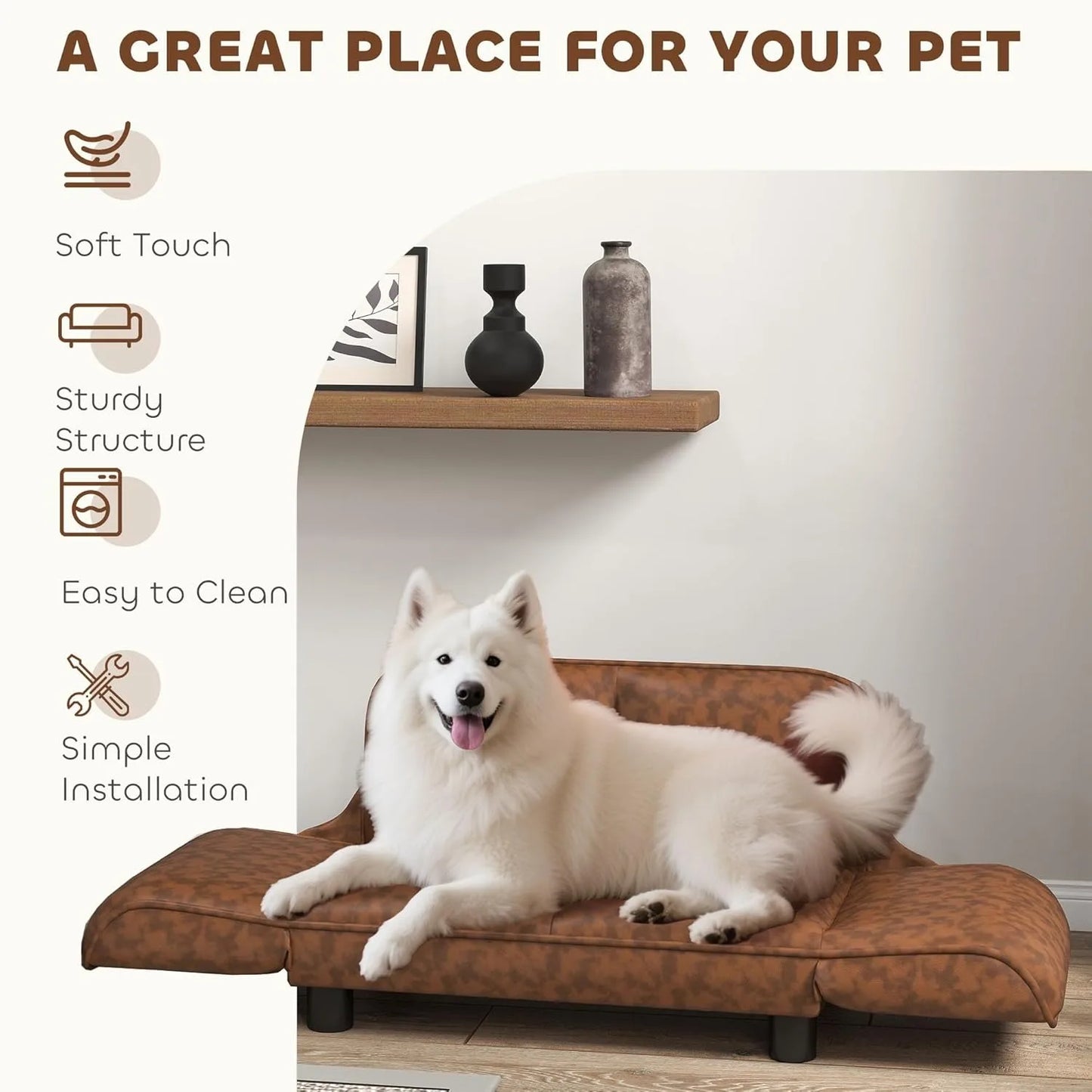 Pet Sofa Dog Bed Couch, Foldable Cat Lounger PU Lear Cover for Medium & Large Sized Animals, 39" x 21.75" x 17.75", Ex