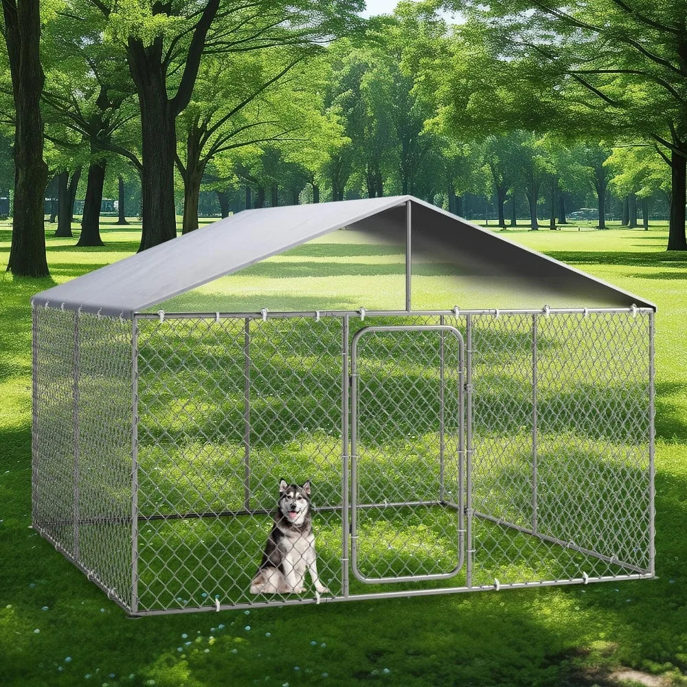 10×10FT Outdoor Dog Kennel, Extra Large Dog Run Fence House Big Cage Pen Enclosure, Heavy Duty Chain Link Dog Kennel with Lock